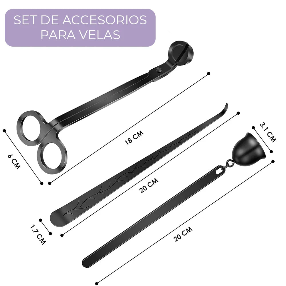 Box Cuidado Esencial de Eternaluz con set de accesorios para velas en acero inoxidable, bandeja de cemento artesanal y portafósforos decorativo