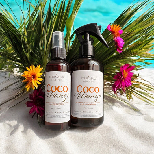Home Spray Eternaluz Coco Mango con aroma tropical de mango y coco, colección Aura Nómada.