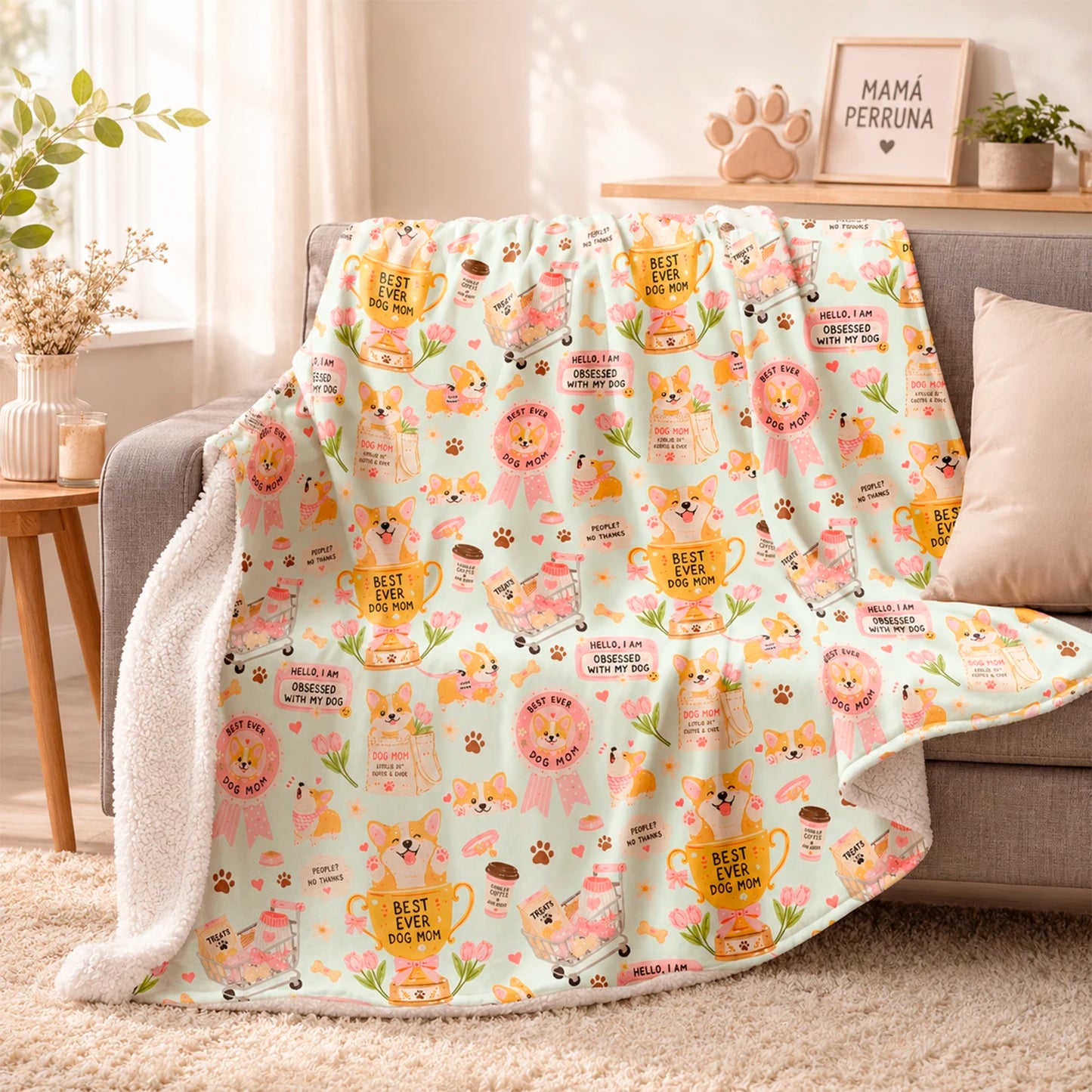 Manta de invierno para amantes de los perros con diseño de perritos, huellas, premios y detalles inspirados en mamás perrunas, confeccionada en felpa con reverso sherpa blanco.