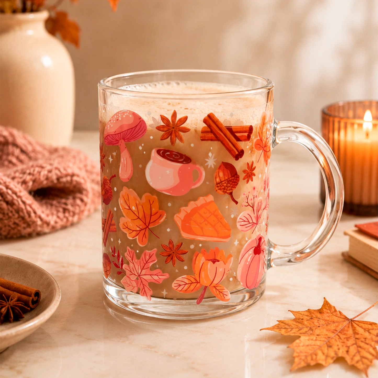 Taza de vidrio transparente 340 ml Pumpkin Cozy con diseño DTF UV de calabazas, hojas otoñales, canela, bellotas y pie de calabaza.