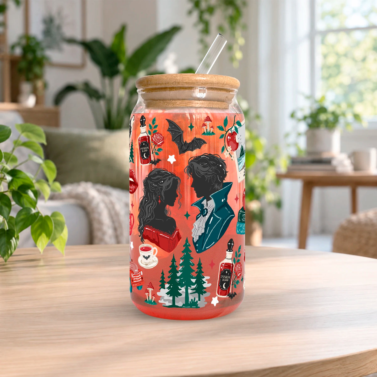Vaso de vidrio transparente Forks, Washington 500 ml con tapa de bambú, bombilla de vidrio y diseño inspirado en Crepúsculo con vampiros, lobos, manzanas, bosque y detalles rojos.