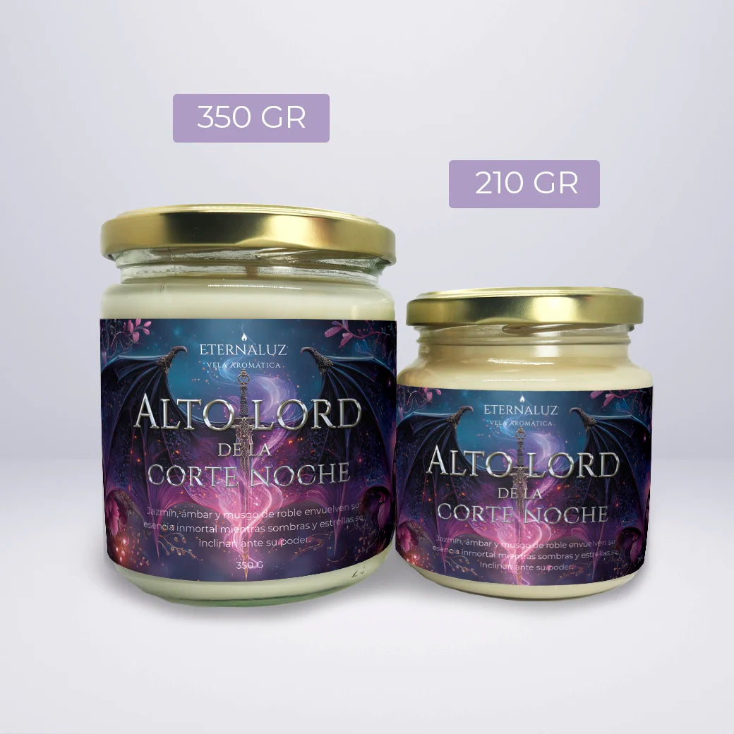 Vela inspirada en Rhysand de ACOTAR con aroma floral y amaderado a jazmín, ámbar y musgo