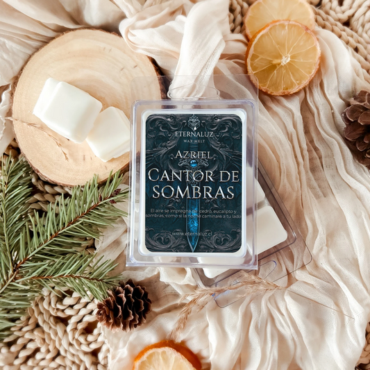 Wax melts Eternaluz inspirada en Azriel (ACOTAR), con aroma a cedro blanco, menta y eucalipto fresco. Aroma herbal y profundo