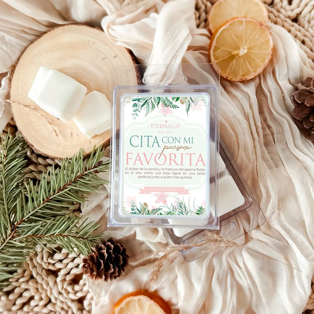 Wax melt aromático Cita con mi persona favorita de Eternaluz con aroma a sandía, pepino y melón