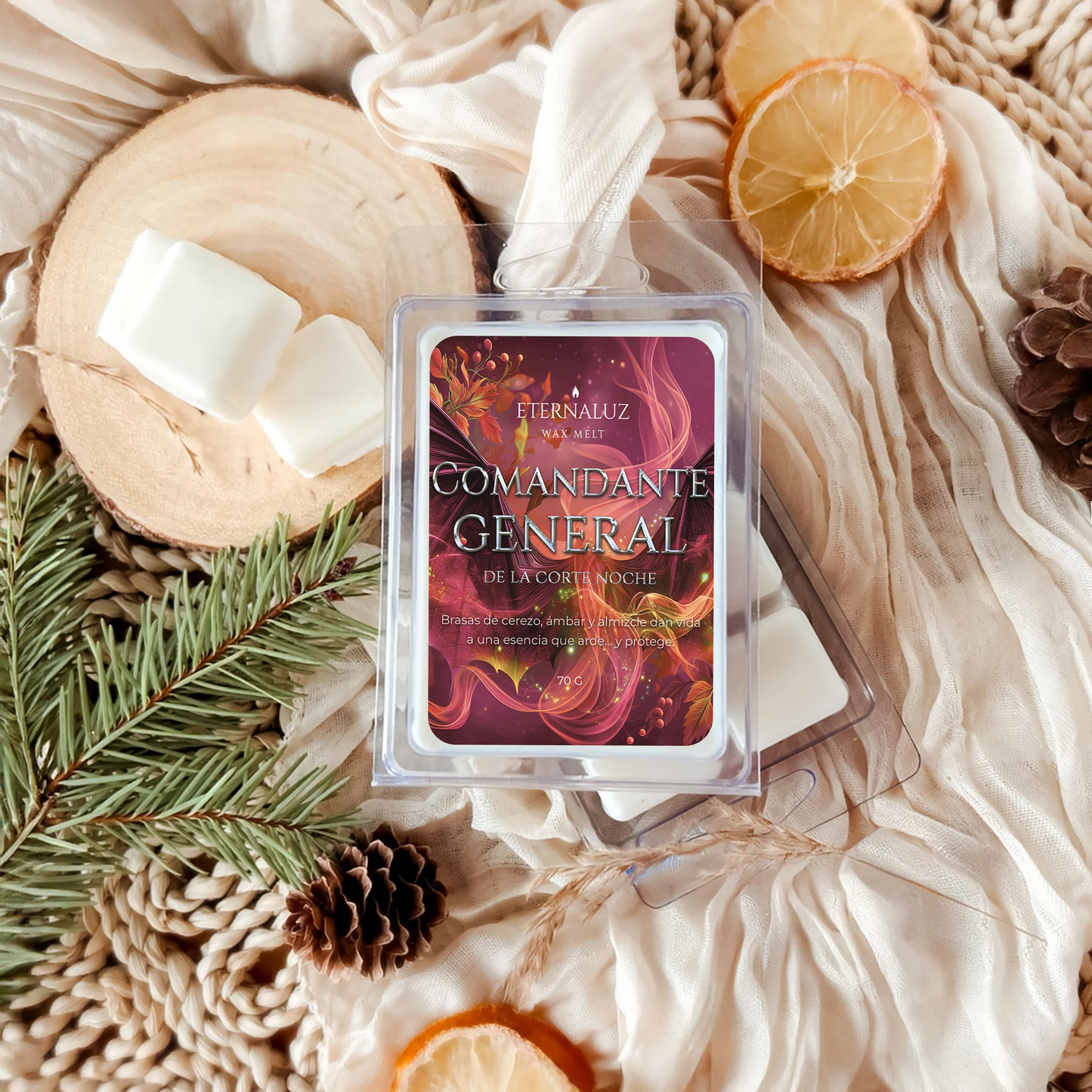 Wax melts inspirados en Cassian, guerrero de la Corte Noche. Aroma cálido y especiado con brasas, ámbar y almizcle. Intensidad alta. Para quienes aman el fuego del deber y la pasión.