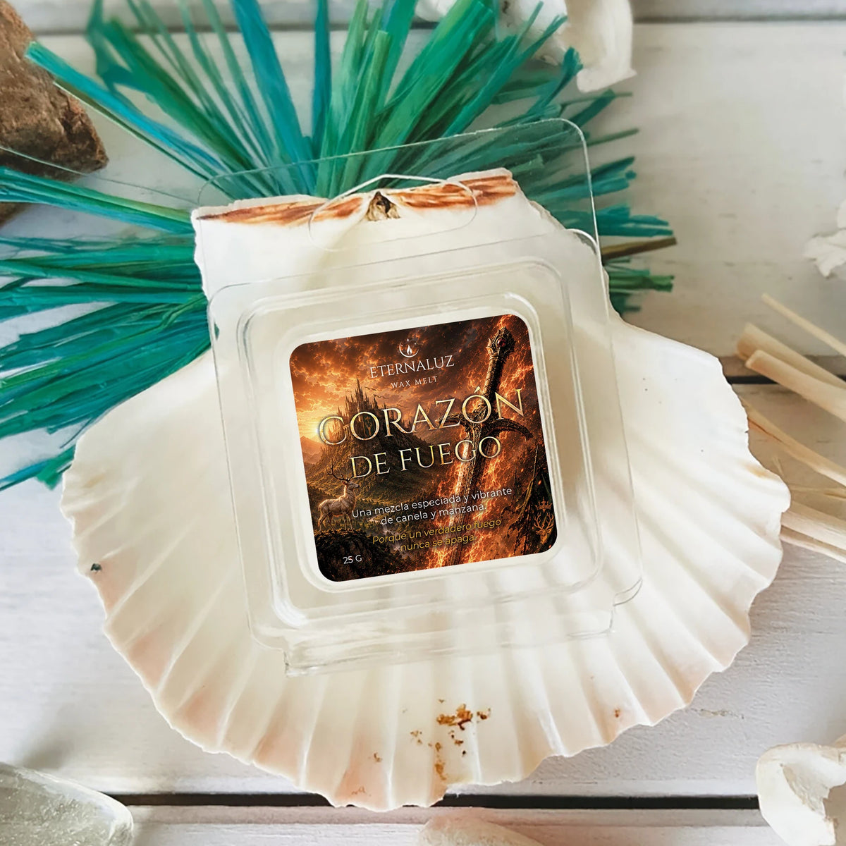 Wax melts Corazón de Fuego con aroma a manzana verde, canela, azúcar caramelizada y madera cálida, inspirados en Aelin Galathynius