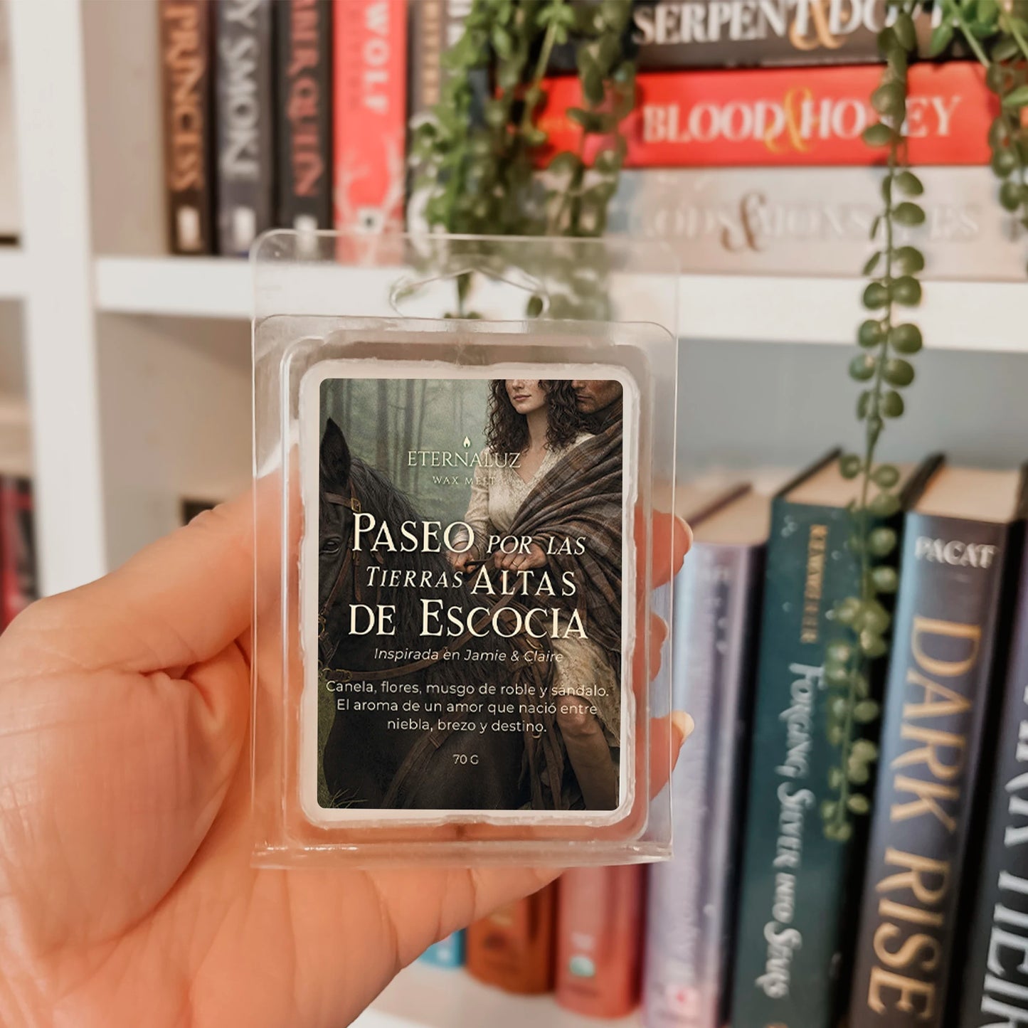 Wax melt inspirado en Outlander con aroma cálido de canela, musgo y sándalo que recrea la atmósfera de las Highlands de Escocia.