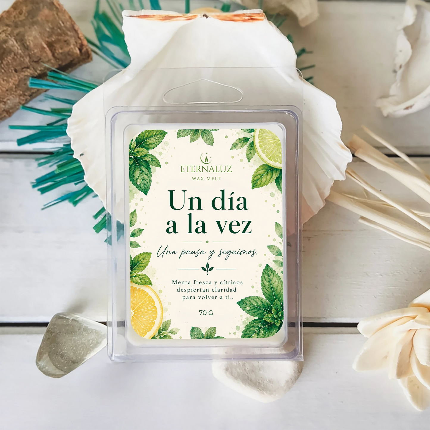 Wax melts Un día a la vez con aroma fresco a menta, bergamota, jazmín y eucalipto para crear una atmósfera de calma