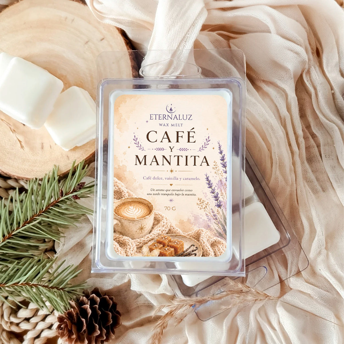 Wax melts Café y Mantita con aroma gourmand a café tostado, vainilla y caramelo para crear un ambiente acogedor