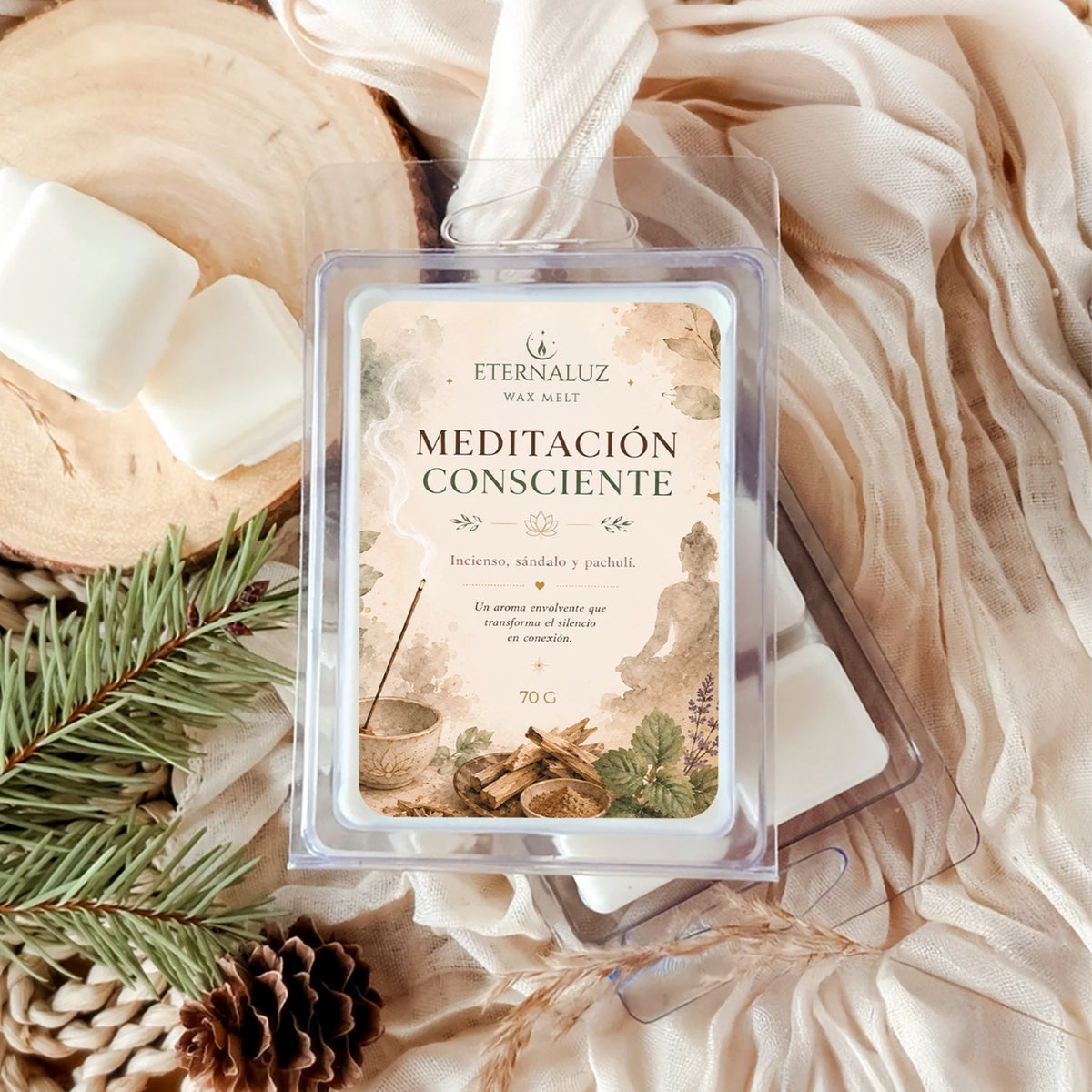 Wax melts Meditación Consciente con aroma a incienso, sándalo y pachulí, ideales para meditación, journaling y calma interior