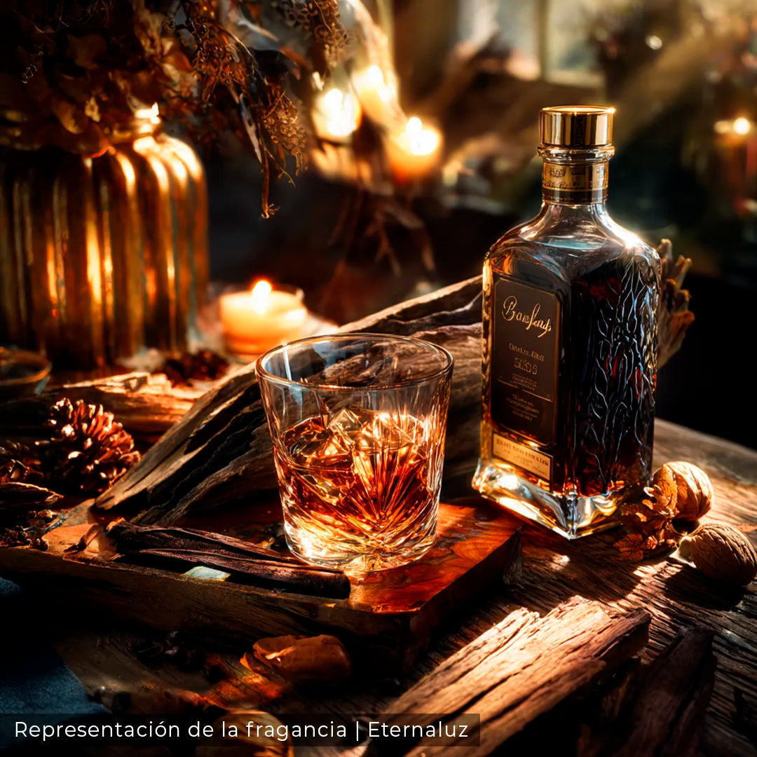 Secretos de Mystic Falls de Eternaluz con aroma a bourbon, madera oscura y vetiver profundo