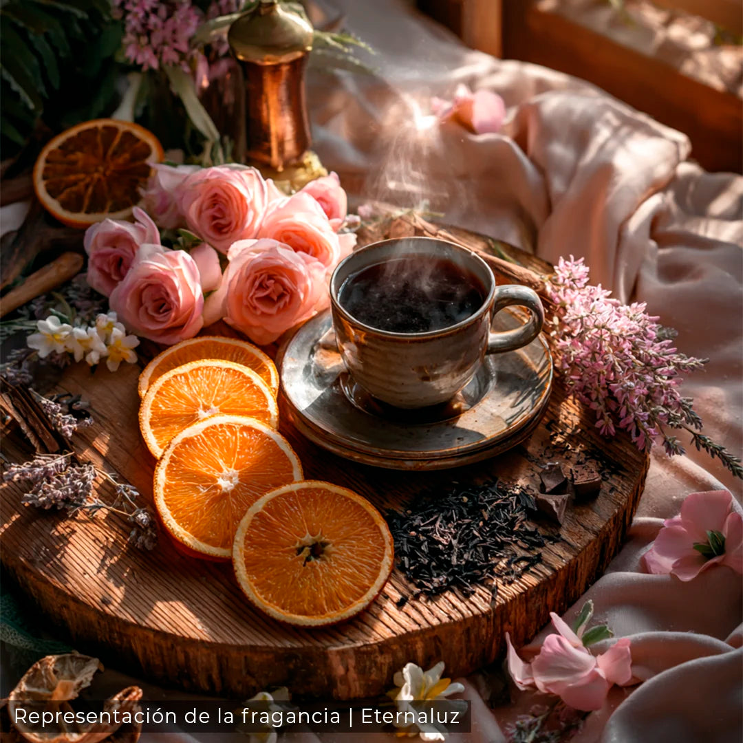 Vela literaria inspirada en los bailes de la Regencia, aroma a té negro, lavanda y citricos.