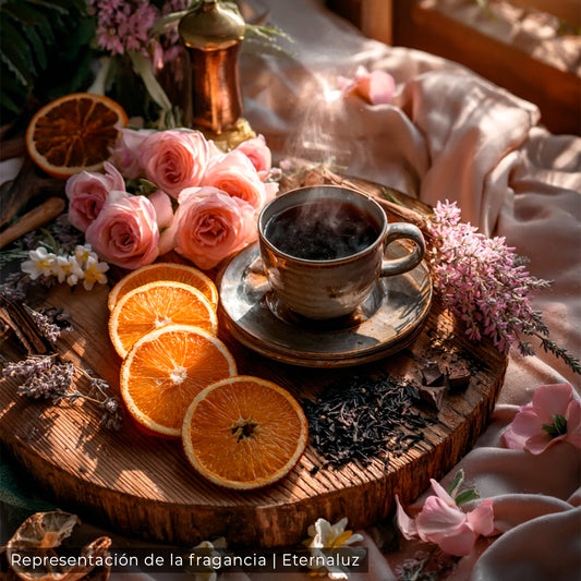 Vela literaria inspirada en los bailes de la Regencia, aroma a té negro, lavanda y citricos.