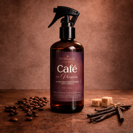 Home Spray Eternaluz Café en Venecia con aroma cálido de café y vainilla, colección Aura Nómada.