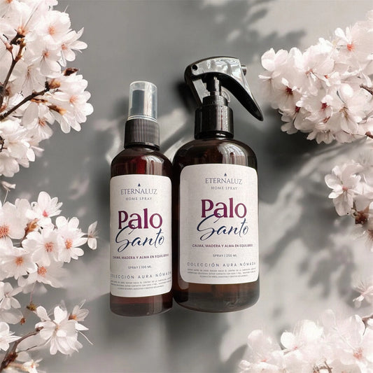 Home Spray Eternaluz Palo Santo con aroma amaderado y cálido, colección Aura Nómada.