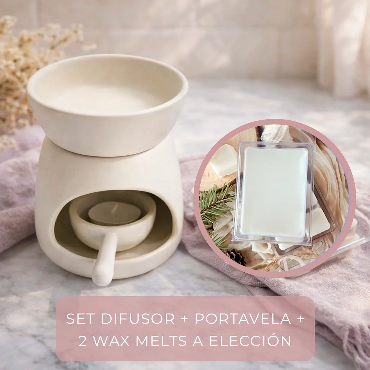 Box alquimia aromática Eternaluz con difusor de cerámica blanco, porta vela tipo tealight y dos sets de wax melts a elección.