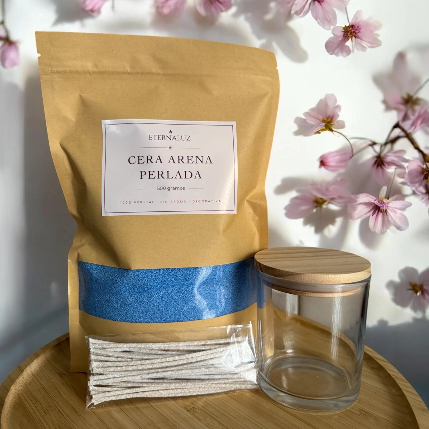 Pack de cera arena decorativa para velas, incluye 500 g de cera vegetal, 20 mechas y frasco de vidrio con tapa de madera