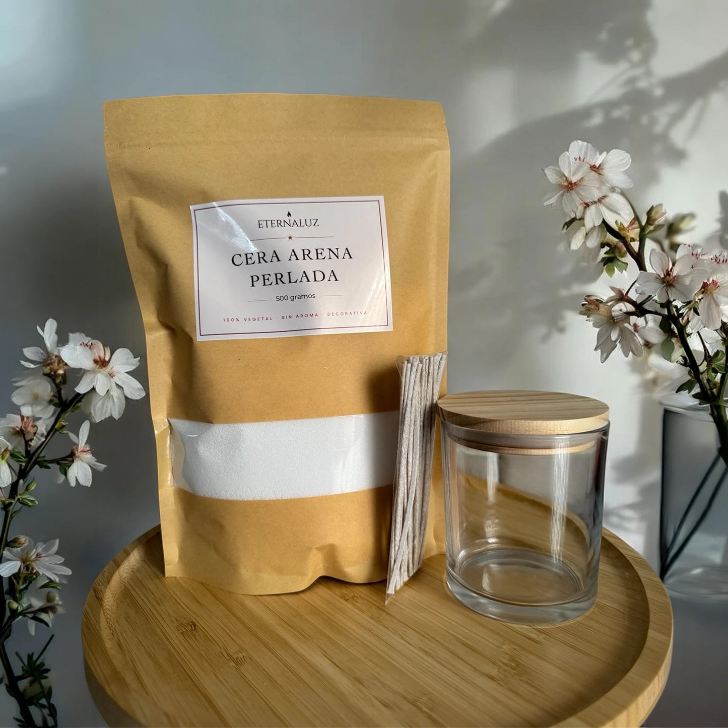 Pack de cera arena decorativa para velas, incluye 500 g de cera vegetal, 20 mechas y frasco de vidrio con tapa de madera