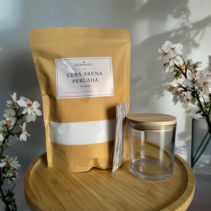 Pack de cera arena decorativa para velas, incluye 500 g de cera vegetal, 20 mechas y frasco de vidrio con tapa de madera