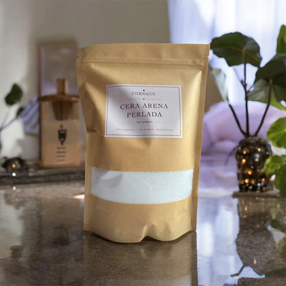 Pack de cera arena decorativa para velas, incluye 500 g de cera vegetal, 20 mechas y frasco de vidrio con tapa de madera