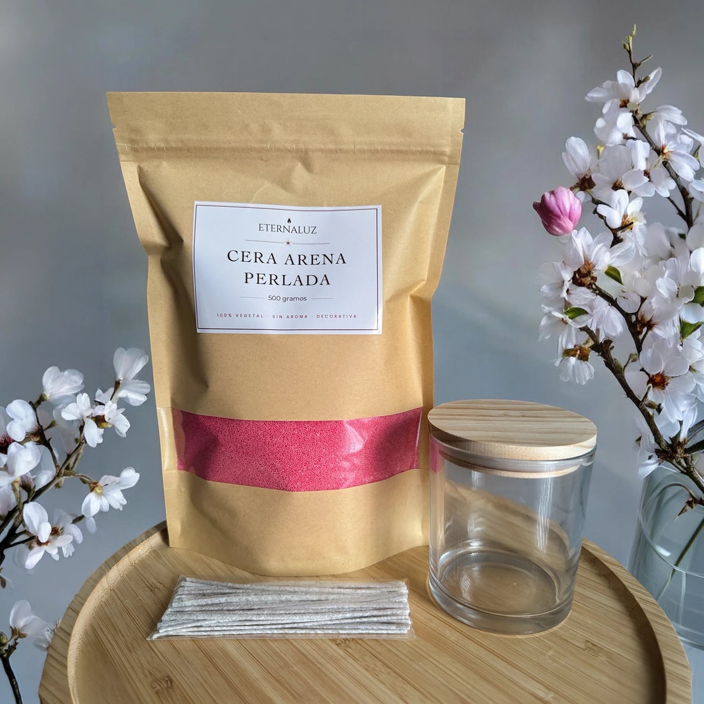 Pack de cera arena decorativa para velas, incluye 500 g de cera vegetal, 20 mechas y frasco de vidrio con tapa de madera