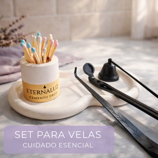 Box Cuidado Esencial de Eternaluz con set de accesorios para velas en acero inoxidable, bandeja de cemento artesanal y portafósforos decorativo