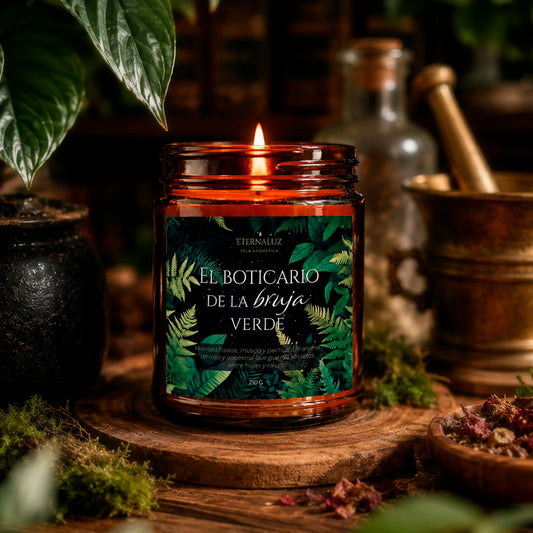 Vela aromática El Boticario de la Bruja Verde con aroma herbal de salvia, musgo húmedo, pachulí y bálsamo