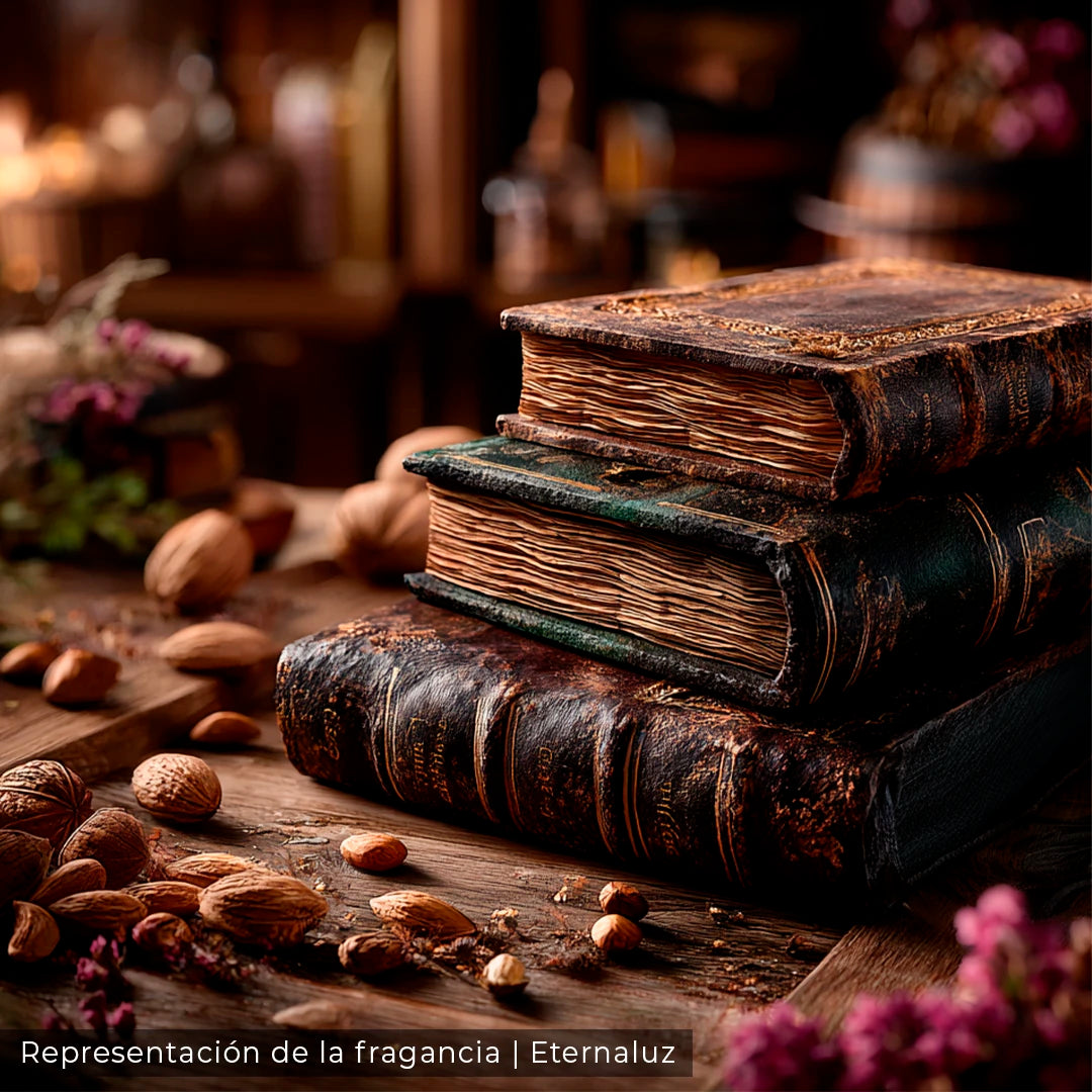 La Sección Prohibida con aroma a libros antiguos, cuero y madera inspirados en bibliotecas mágicas.