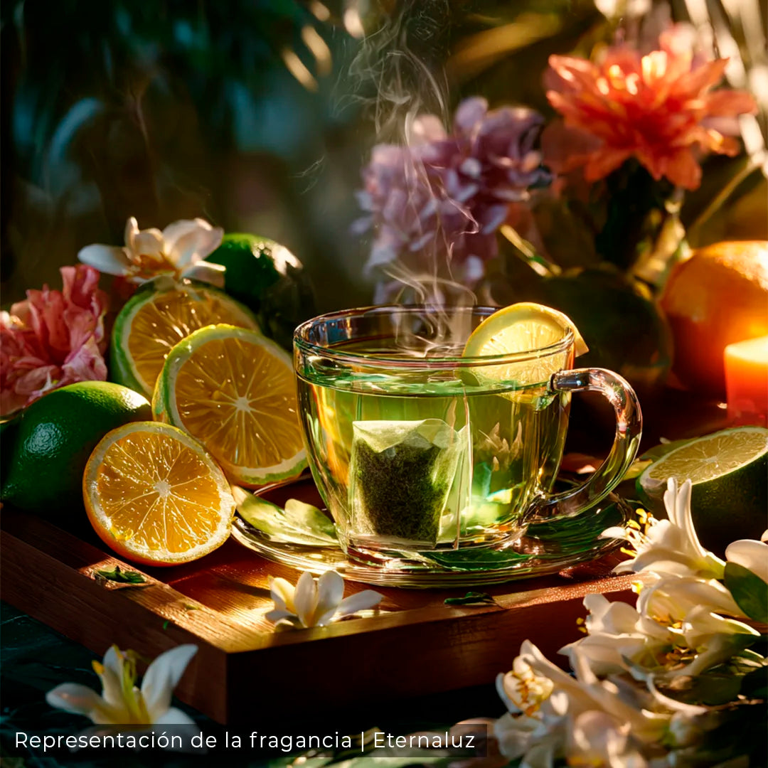 Home Spray Eternaluz Brisas de Té Verde, aroma herbal fresco con limón, menta y bambú, ideal para ambientar el hogar o la oficina.