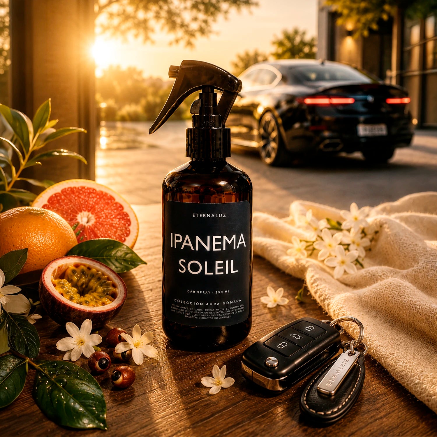 Car spray Ipanema Soleil Eternaluz con aroma tropical de pomelo rosado y maracuyá para auto
