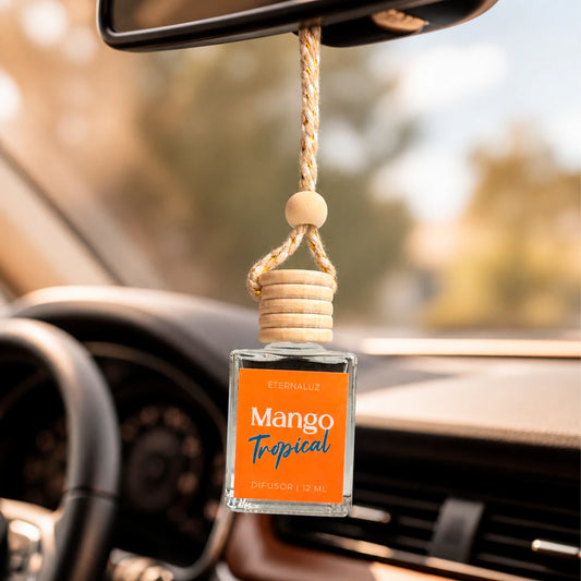 Difusor de Auto Eternaluz Mango Tropical con aroma a mango, piña y frambuesa, colección Aura Nómada.