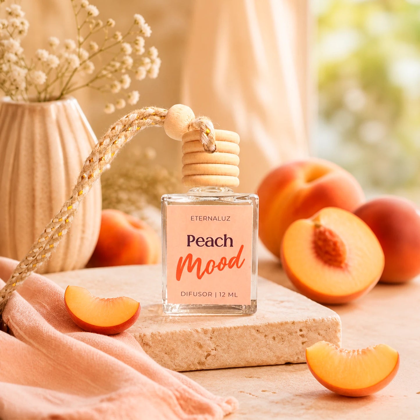 Difusor de Auto Eternaluz Peach Mood con aroma a durazno, naranja y vainilla.