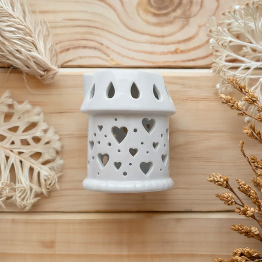 Difusor de cerámica blanco con diseño de corazones para wax melts y aceites esenciales Eternaluz