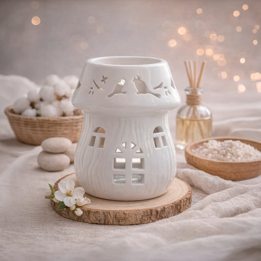 Difusor de cerámica blanco con diseño de pajaritos para wax melts y aceites esenciales Eternaluz