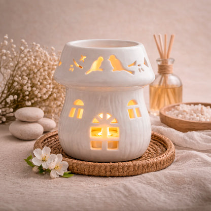 Difusor de cerámica blanco con diseño de pajaritos para wax melts y aceites esenciales Eternaluz