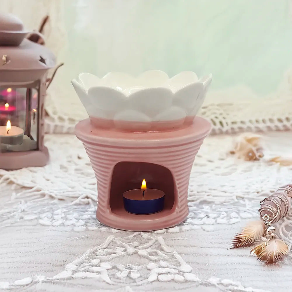 Difusor cerámico en forma de flor Eternaluz en tonos blanco y rosa, ideal para wax melts o aromaterapia