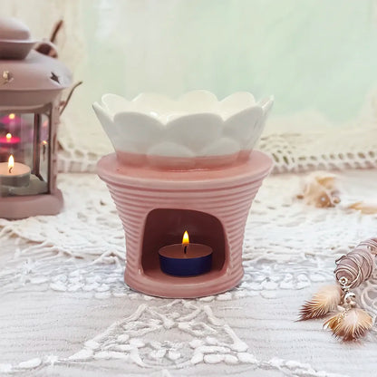Difusor cerámico en forma de flor Eternaluz en tonos blanco y rosa, ideal para wax melts o aromaterapia