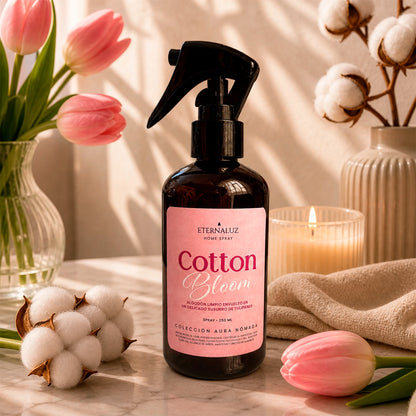 Home Spray Eternaluz Cotton Bloom con aroma a algodón limpio y tulipanes suaves, colección Aura Nómada.