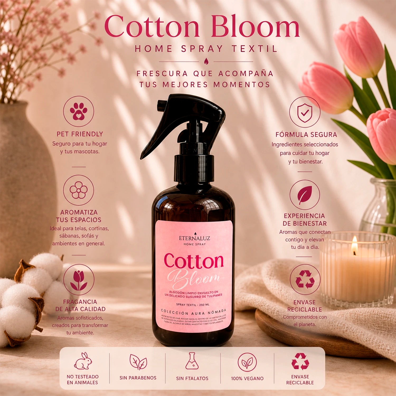 Home Spray Eternaluz Cotton Bloom con aroma a algodón limpio y tulipanes suaves, colección Aura Nómada.