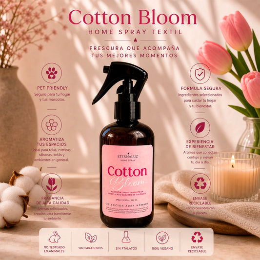 Home Spray Eternaluz Cotton Bloom con aroma a algodón limpio y tulipanes suaves, colección Aura Nómada.