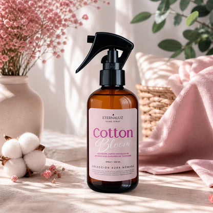 Home Spray Eternaluz Cotton Bloom con aroma a algodón limpio y tulipanes suaves, colección Aura Nómada.