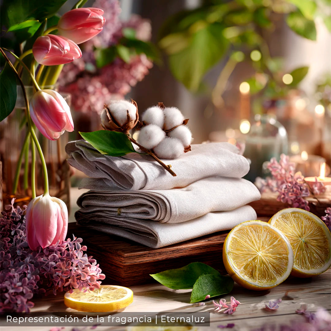 Cotton Bloom con aroma a algodón limpio y tulipanes suaves, colección Aura Nómada.