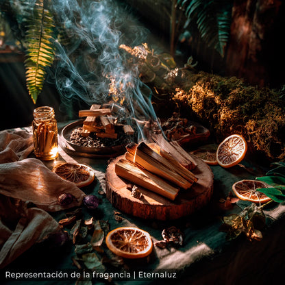 Home Spray Eternaluz Palo Santo con aroma amaderado y cálido, colección Aura Nómada.