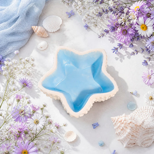Recipiente estrella de mar de concreto con cera perlada azul y mechas decorativo