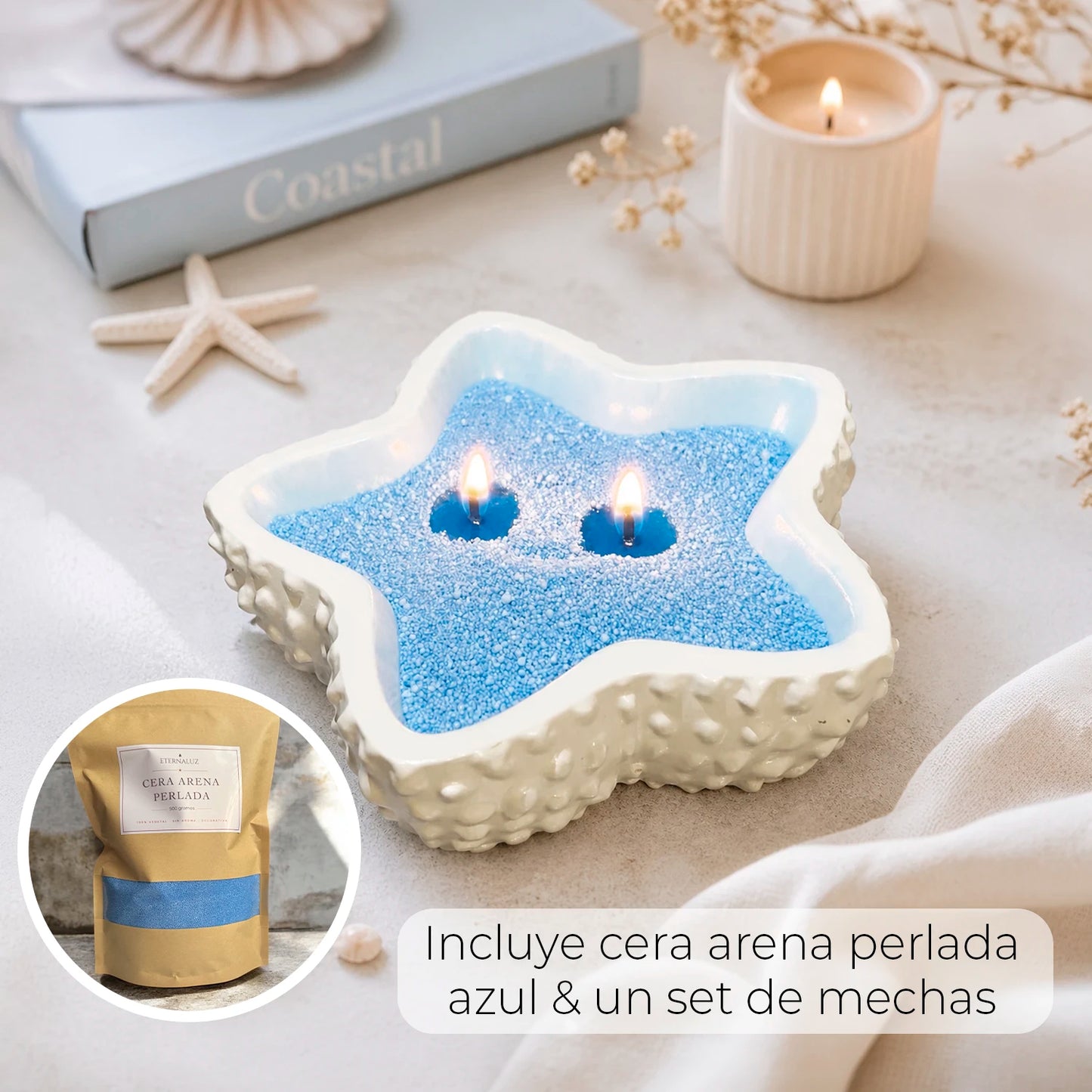 Recipiente estrella de mar de concreto con cera perlada azul y mechas decorativo