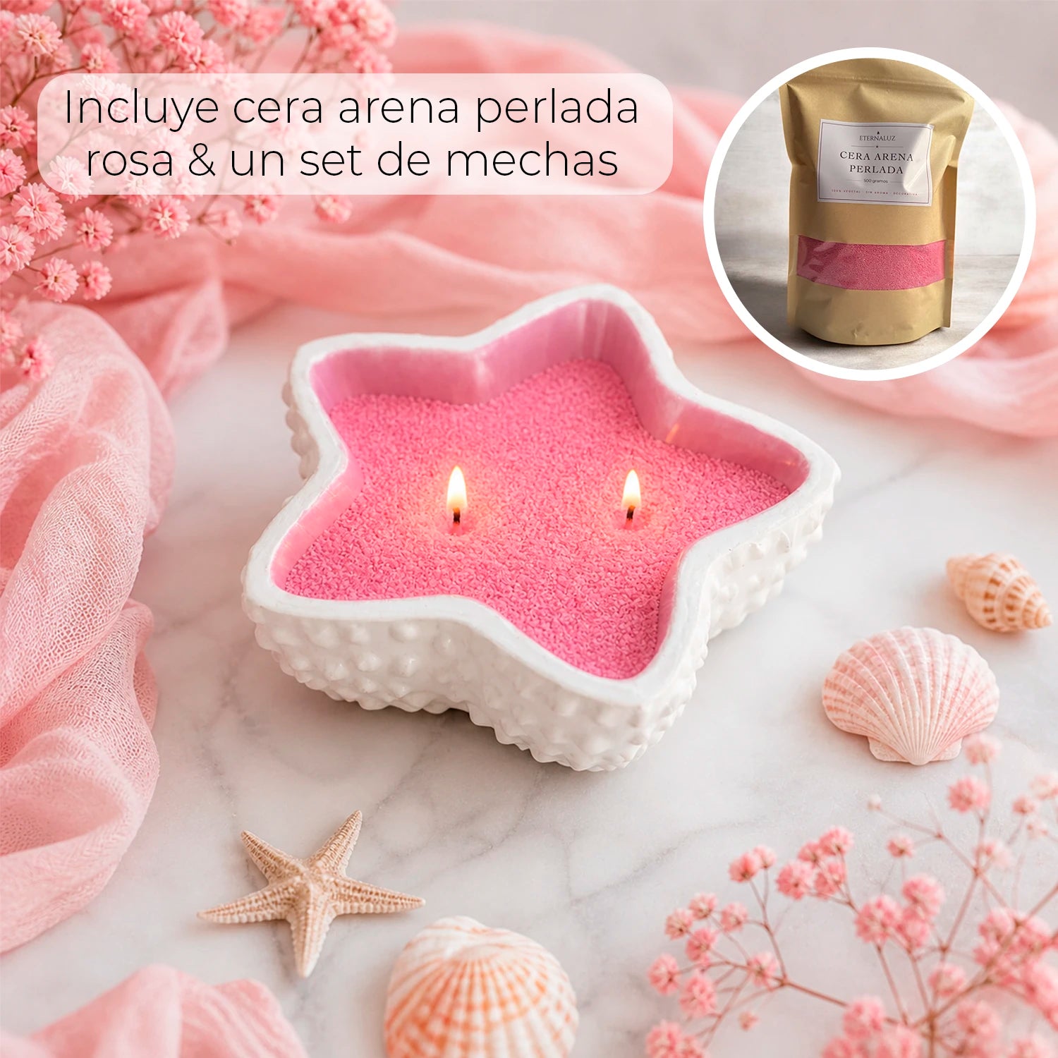 Recipiente estrella de mar de concreto con cera perlada rosa y mechas decorativo
