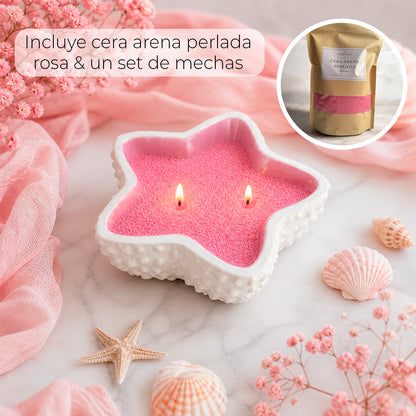 Recipiente estrella de mar de concreto con cera perlada rosa y mechas decorativo