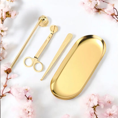 Set de cuidado de velas Eternaluz con cortador de mechas, apagador, gancho y bandeja metálica en colores dorado o negro mate