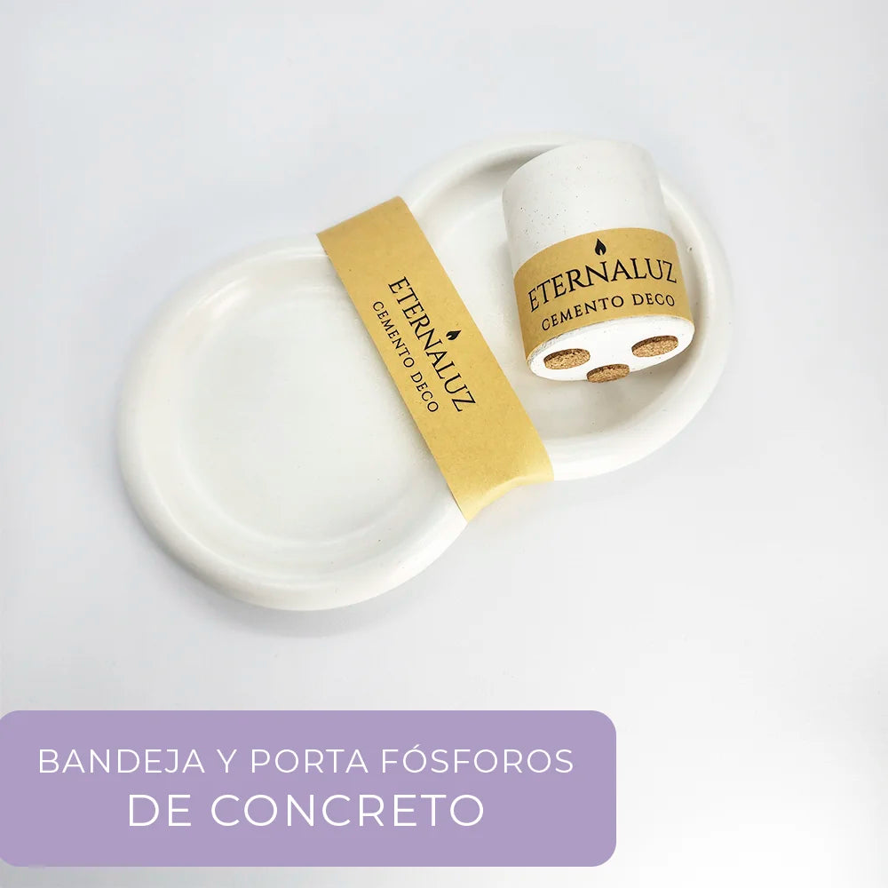 Set de bandeja y portafósforos de cemento artesanal para organizar velas y accesorios