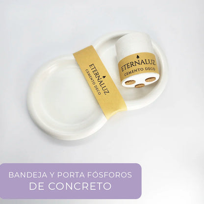Set de bandeja y portafósforos de cemento artesanal para organizar velas y accesorios